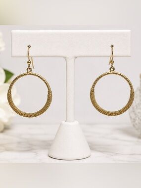 Vintage Gold Tone Textured Hoop Earrings | Boho Wire Wrapped Circle Dangle Earri